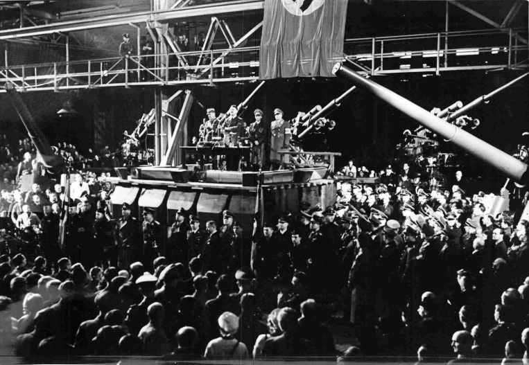 Adolf Hitler gives a speech in Krupp factory